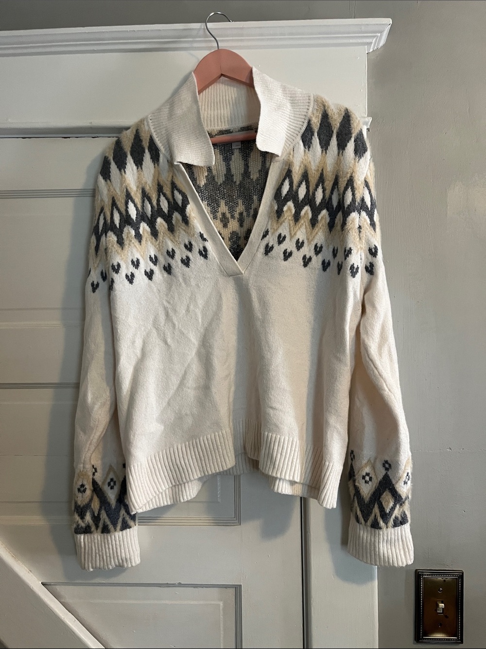 LOFT Cream Fair Isle V-Neck Collared Sweater